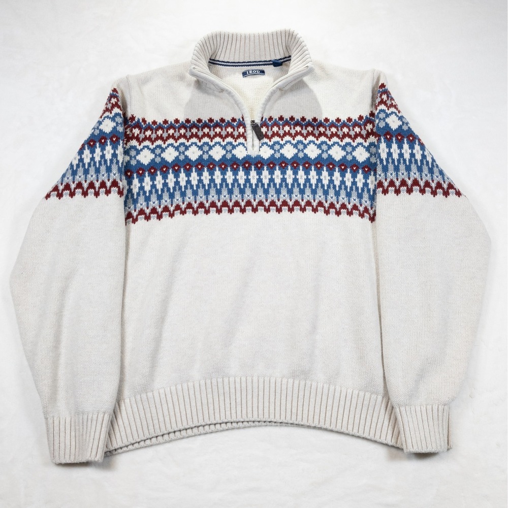 IZOD Quarter Zip Sweater Men L Beige Nordic Fair Isle Preppy Gorpcore Fisherman